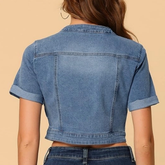 Allegra K Shortsleeve Cropped Jean Jacket - Picture 2 of 7
